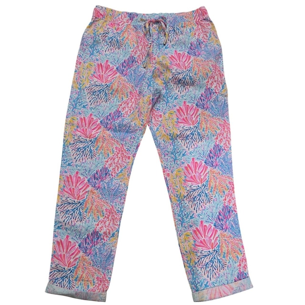 Lilly Pulitzer Taron Linen Pants Splashdance Floral Medium Charm Ocean Light Air